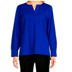 Ming Wang Woven Split V-Neck Long Cuffed Sleeve Back Yoke High-Low Hem Blouse